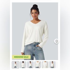HALARA Cream V-Neck Long Sleeve Top